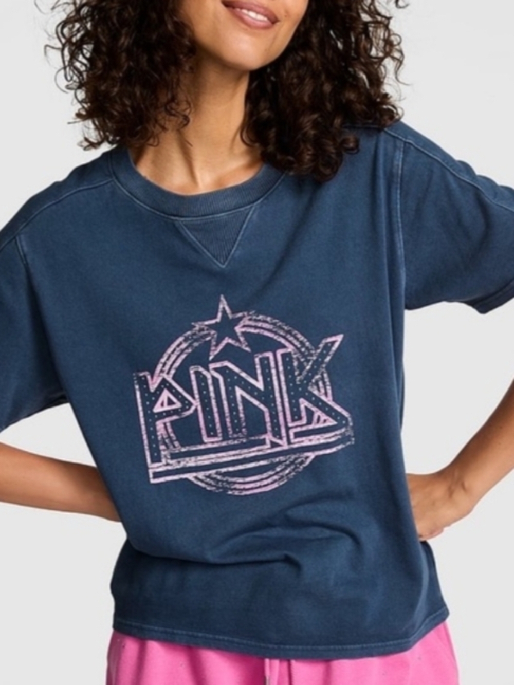 (NWT)Victoria's Secret PINK Bling Rock Star Logo Retro Cotton SS Tee